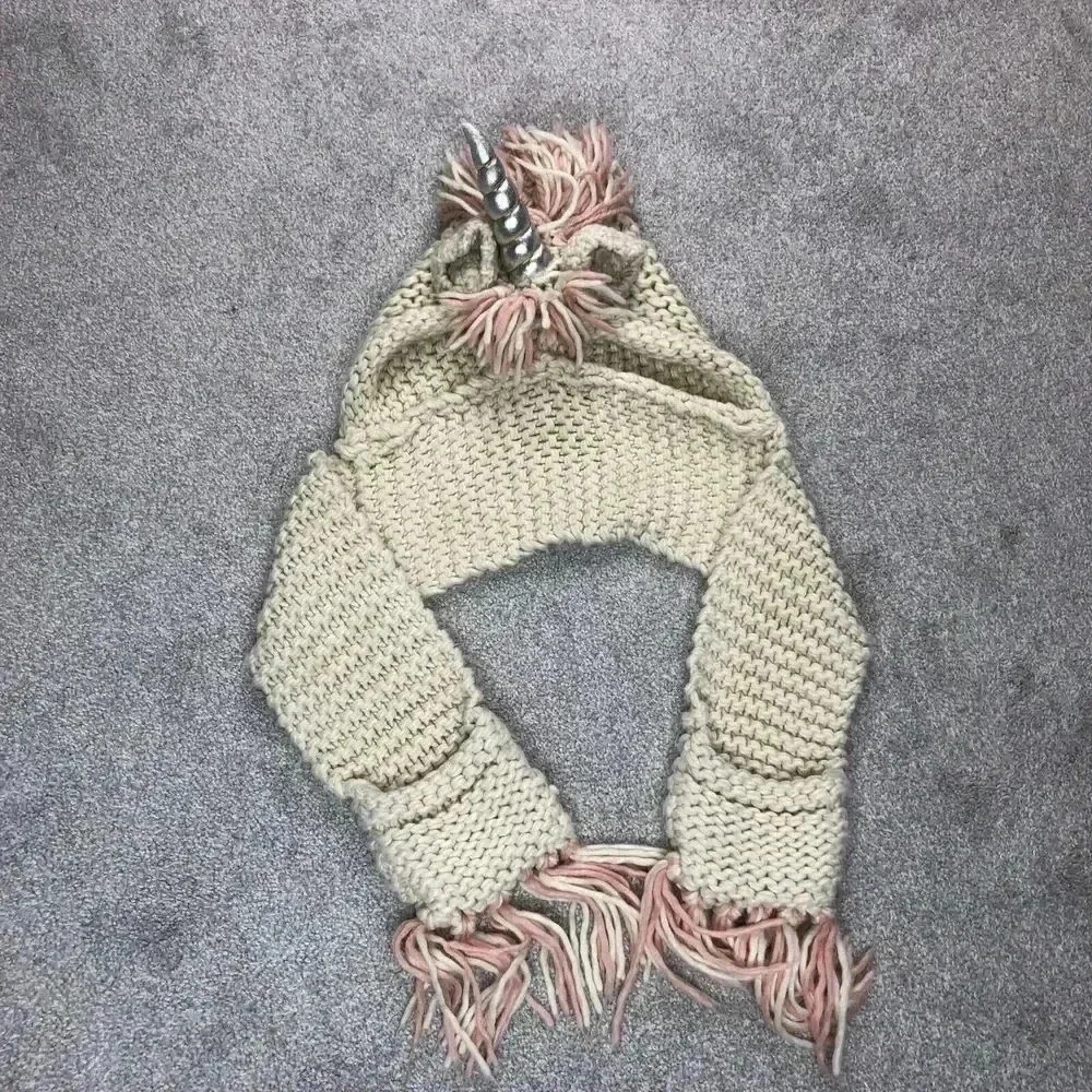 Unicorn Knit Hat Scarf Pockets Gloves Ivory Pink Silver Handmade Adult